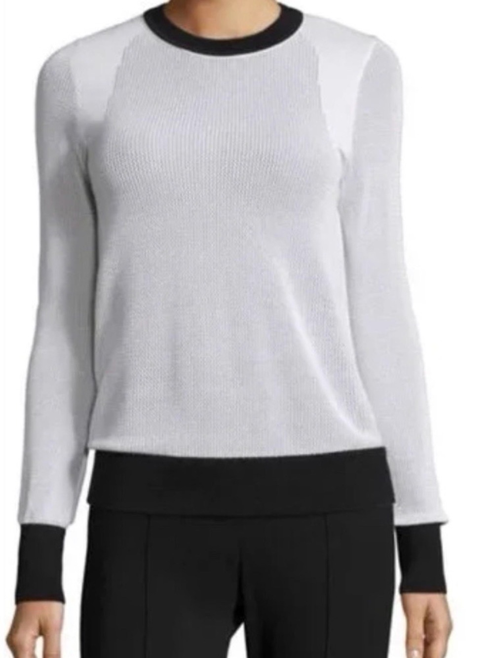 EUC Rag & Bone White Knit Crewneck Lightweight Sweater Black Trim Size Small